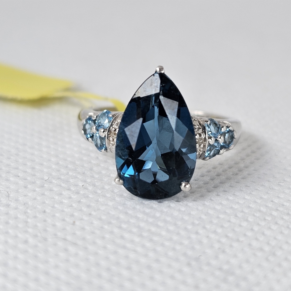 Genuine London Blue & Swiss Blue Topaz Ring Platinum Over Sterling Silver Sz 6!